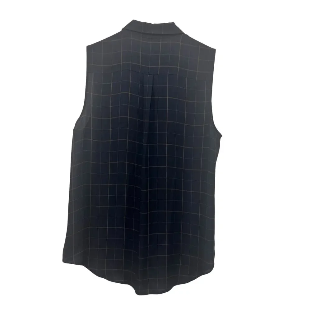 Theory Silk Blouse Tile Print Yarine Navy Blue Brown Sleeveless Size‎ L Academia